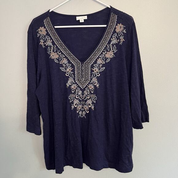 J. Jill Tops - J Jill Womens Navy Blue Embroidered Pullover Shirt Petite Sz XL